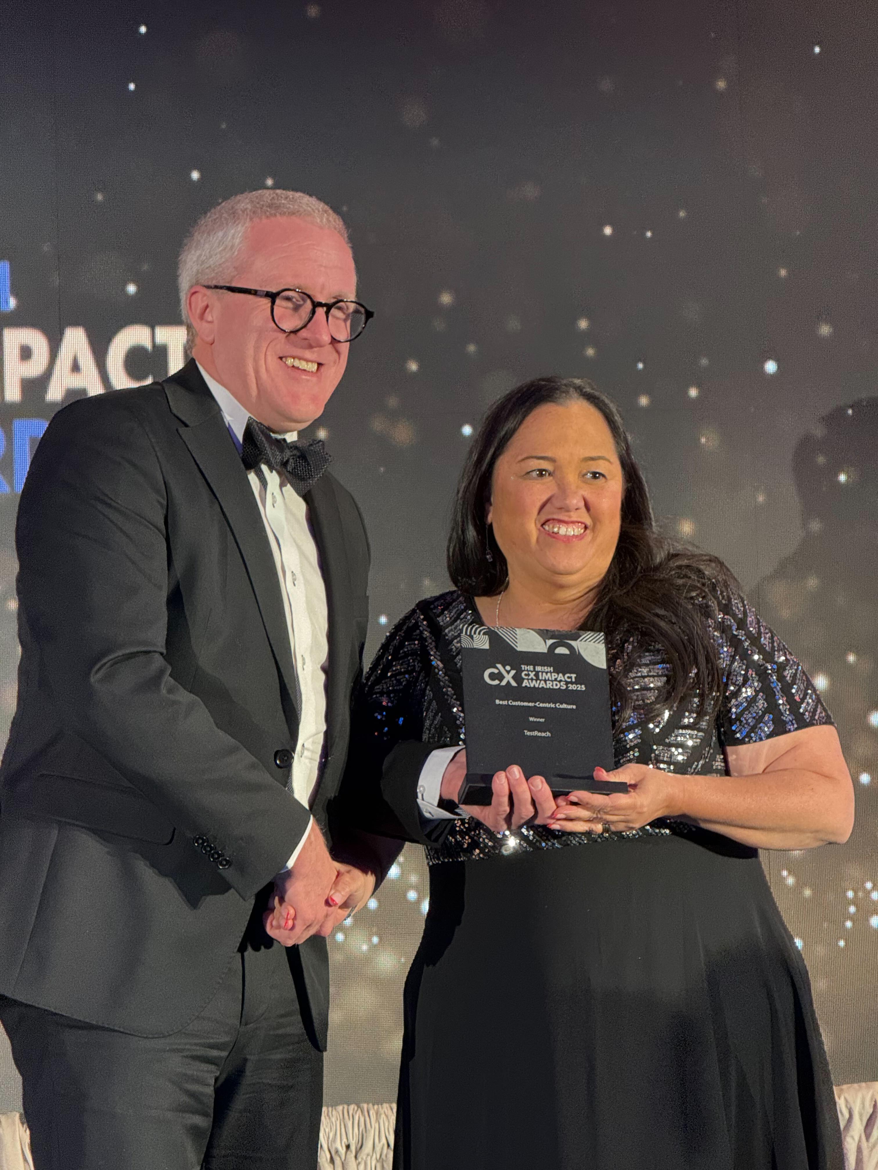 Picture showing TestReach staff at the Irish Customer Experience Impact Awards, left to right, Tricia Dardis, Implementations & Insights Manager; Amy Noonan, VP of Operations and Customer Experience; Adam O’Gorman, Candidate Services Manager; Madeeha Iqbal, Proctoring Manager; Maya Apana, Senior Operations Manager